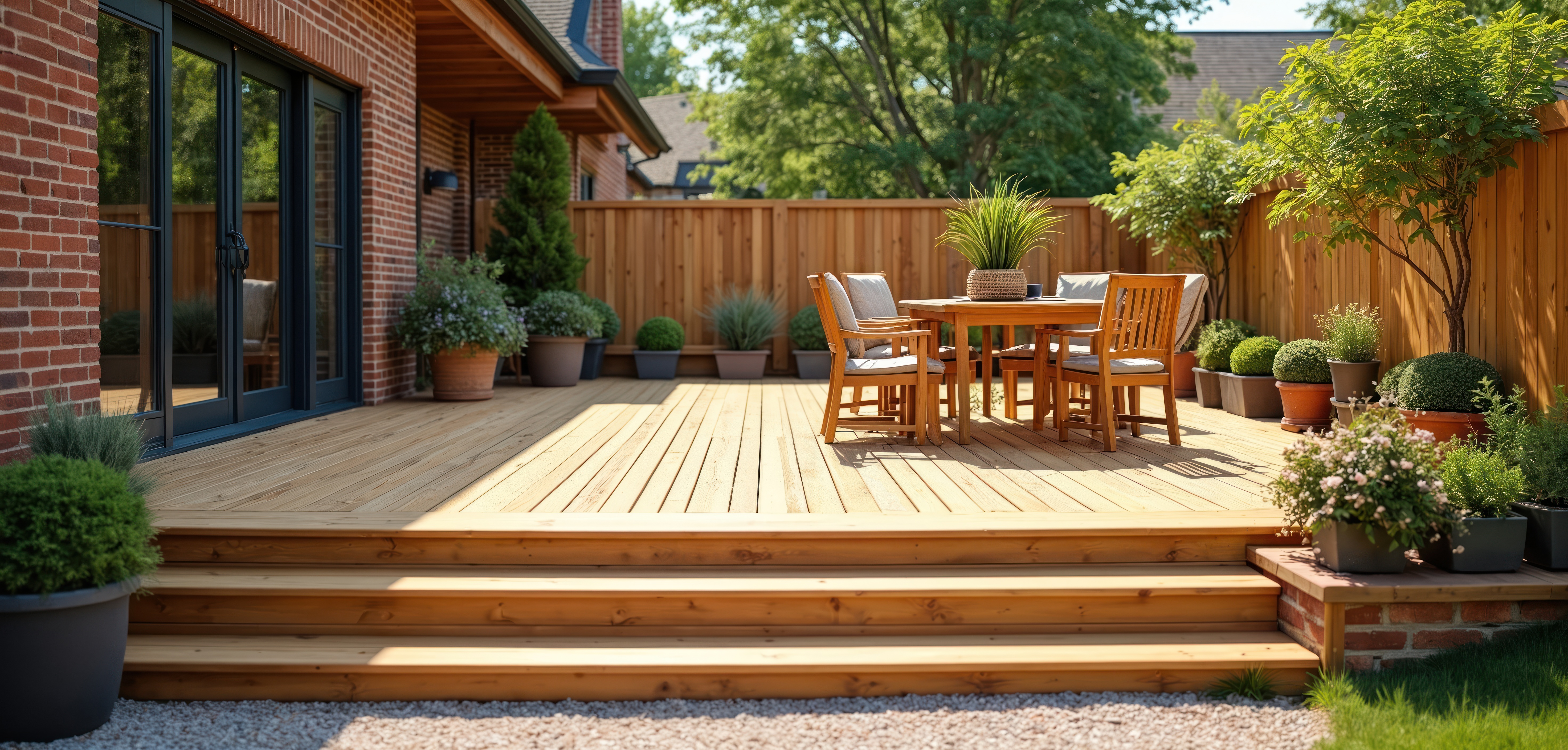 Beautiful wood deck with natural finish, custom steps, and outdoor dining area — expertly built by Coastal Carpenter, a master deck builder known for precision craftsmanship.
