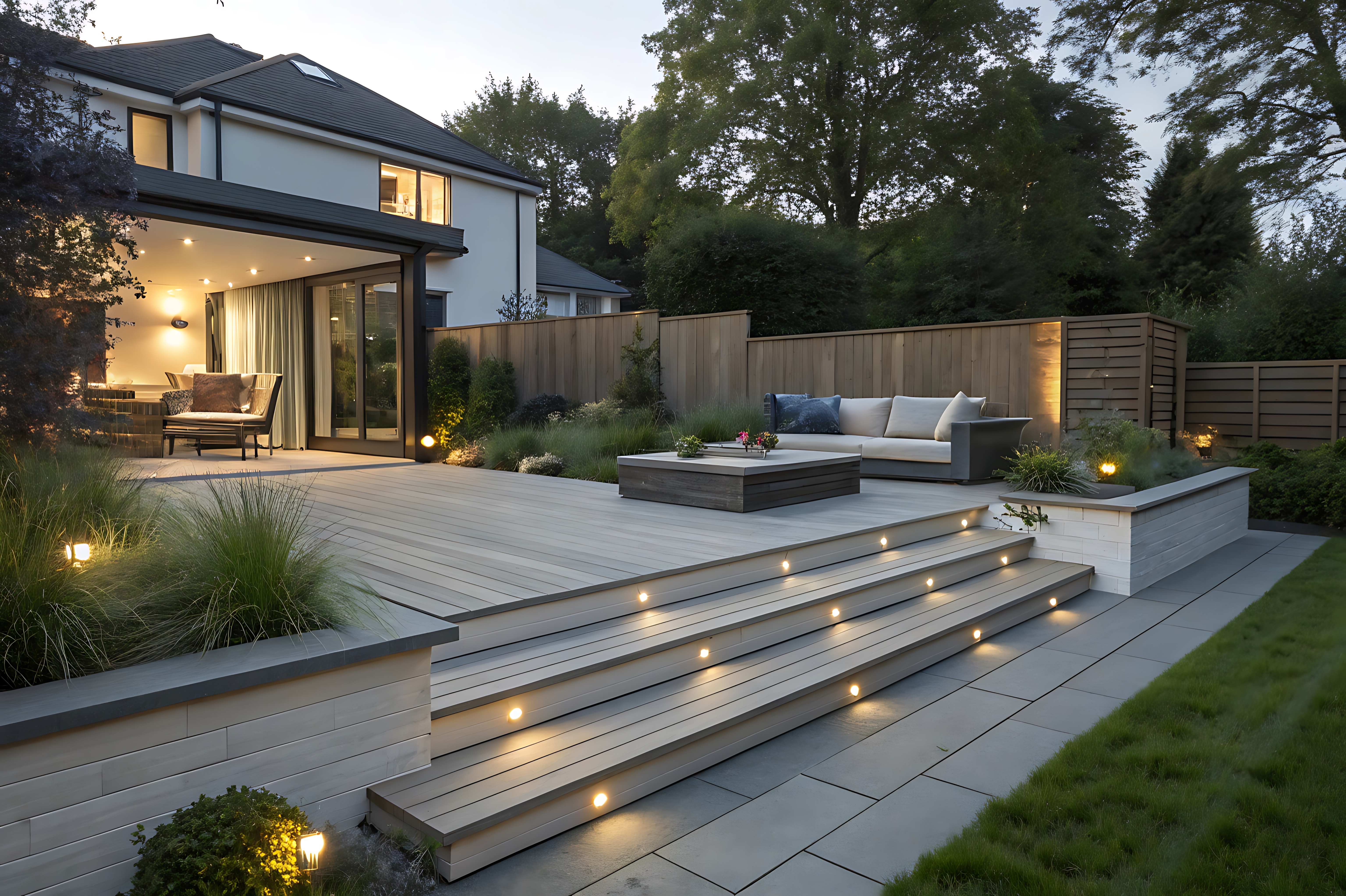 Modern backyard deck with built-in lighting, seating, and landscaping — expertly crafted by Coastal Carpenter, a master deck builder known for precision and design excellence.