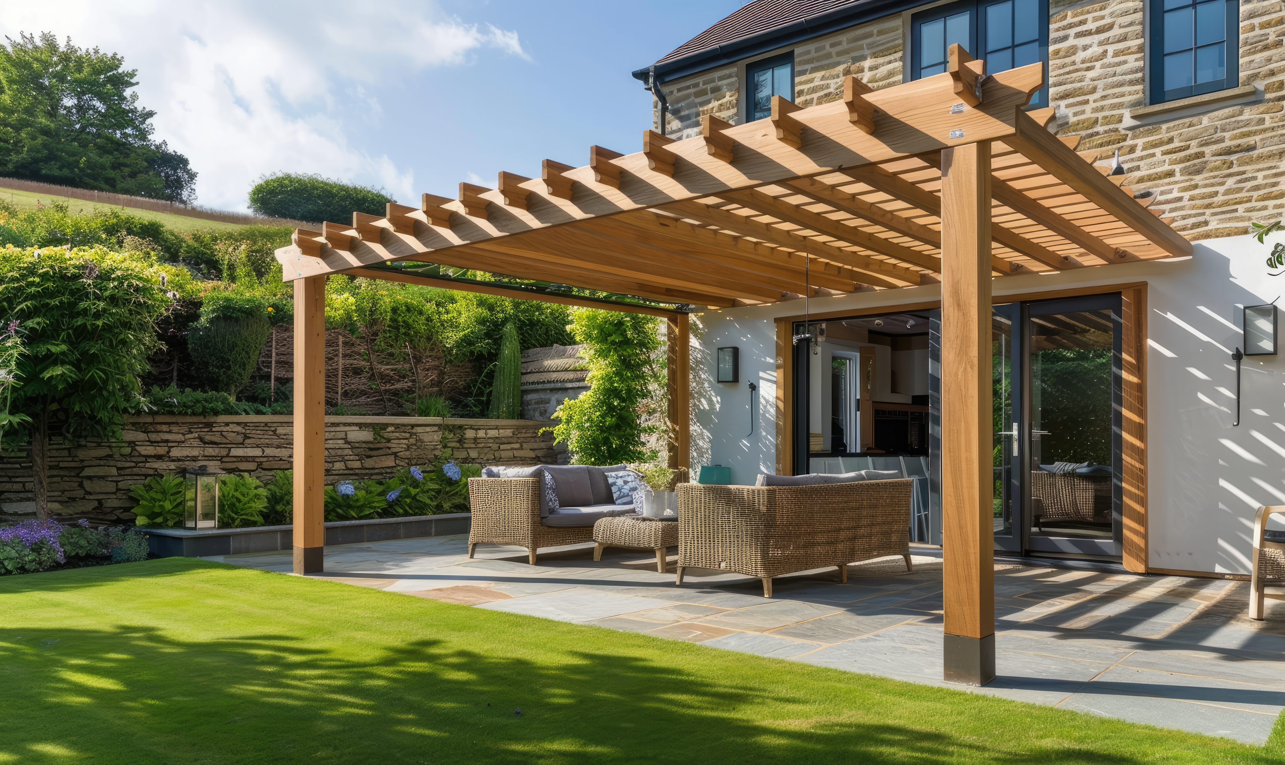 A pergola in the courtyard of a house, with garden furniture