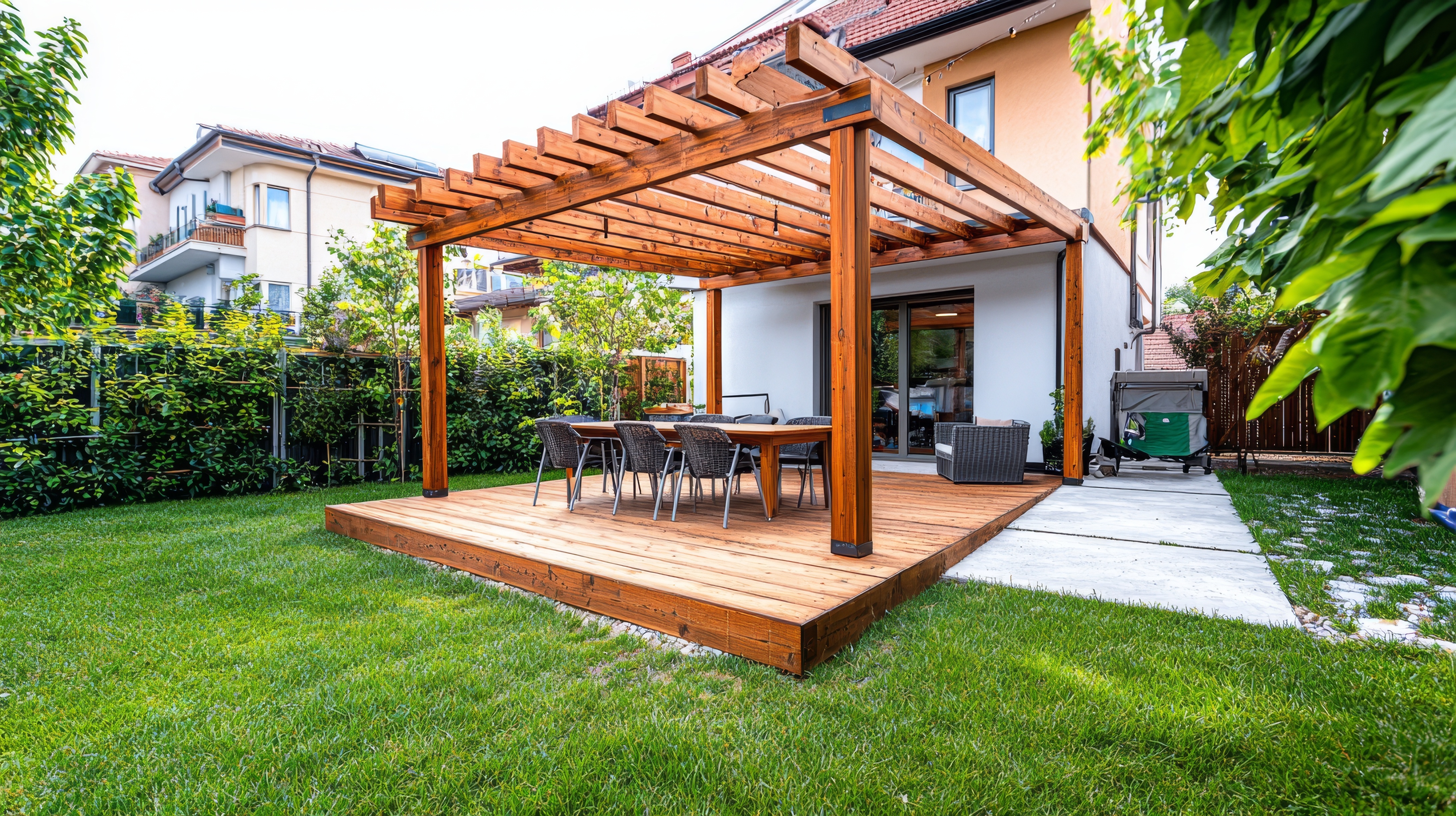Under a newly installed pergola, a neatly staged outdoor deck renovation features fresh staining and modern outdoor furniture.